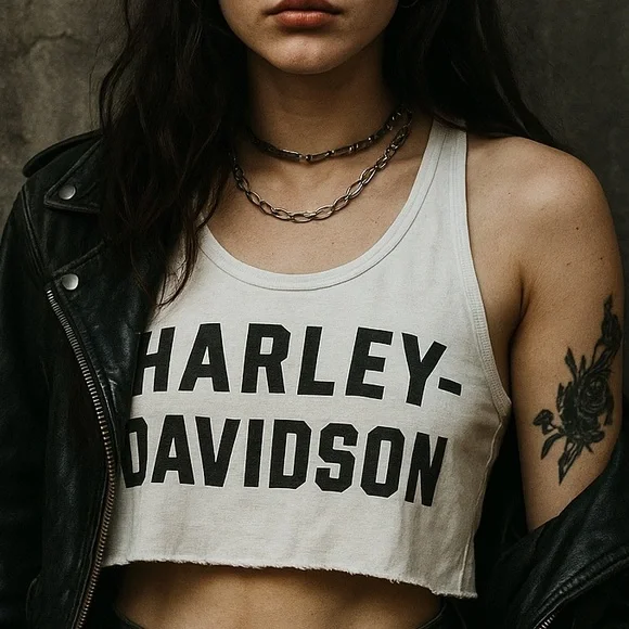 Harley Davidson Size XS Cuttoff Crop Tank Top White Black Moto Biker Grunge Alt - Picture 1 of 6